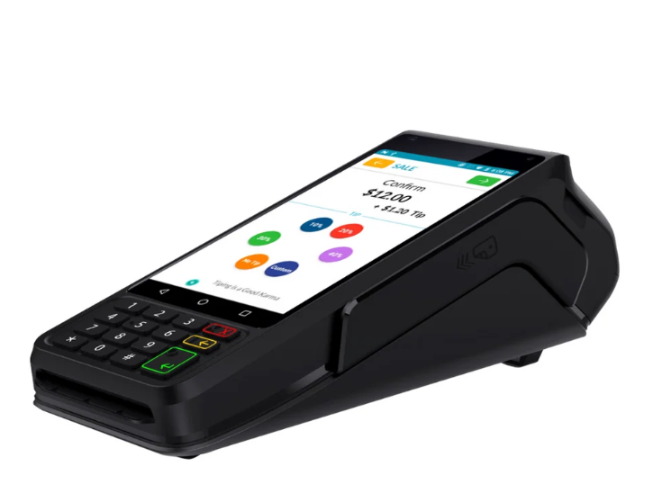 Dejavoo P1 countertop payment terminal with touchscreen, physical keypad, and receipt printer